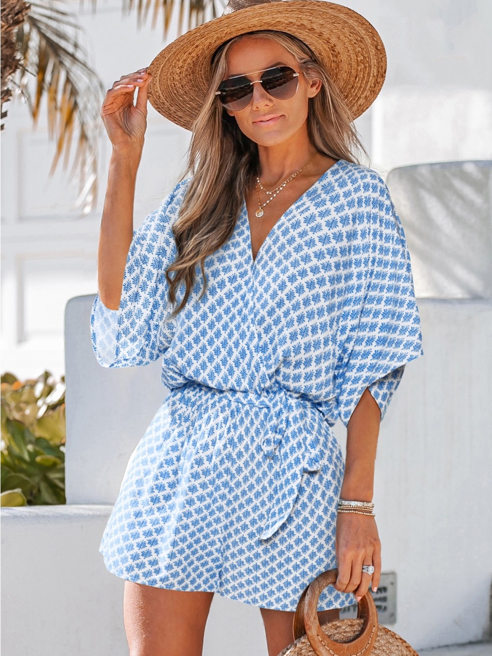 Cupshe Blue and White Printed V-Neck Swim Coverup Romper